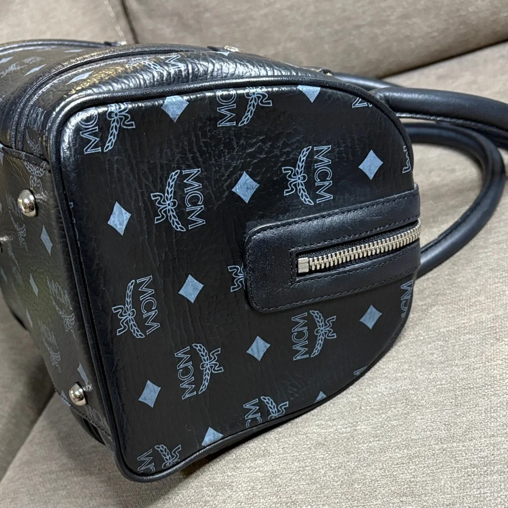 MCM  Visetos Black Boston Bag Leather Trim Silver Hardware Charms CIOA